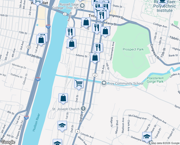 map of restaurants, bars, coffee shops, grocery stores, and more near in Troy