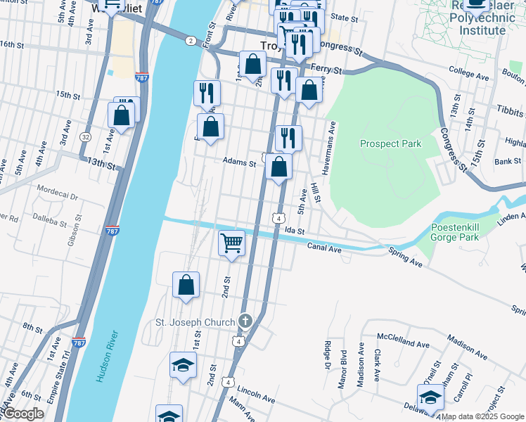 map of restaurants, bars, coffee shops, grocery stores, and more near in Troy