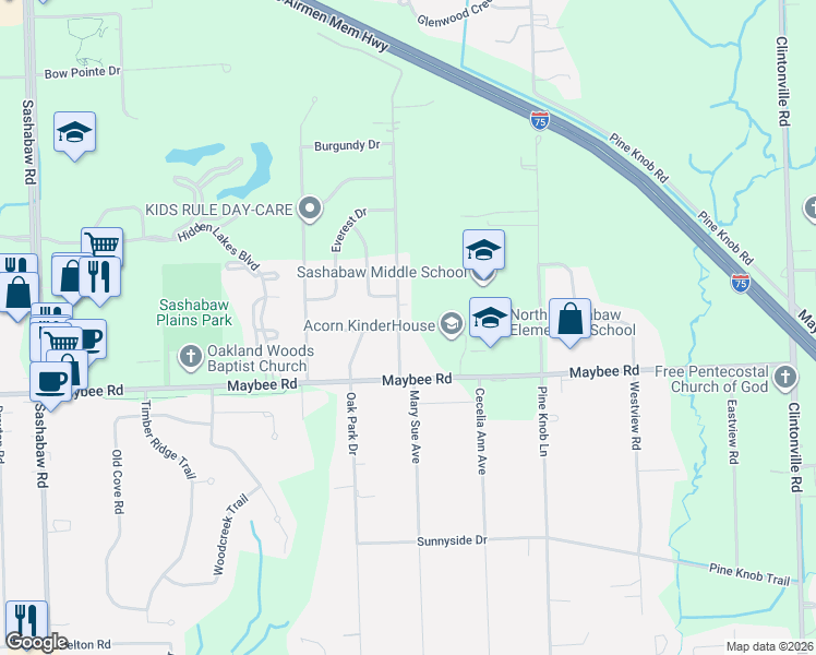 map of restaurants, bars, coffee shops, grocery stores, and more near 5636 Mary Sue Street in Clarkston