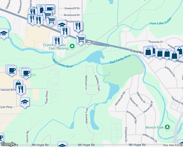 map of restaurants, bars, coffee shops, grocery stores, and more near 4830 Arapaho Trail in Meridian charter Township