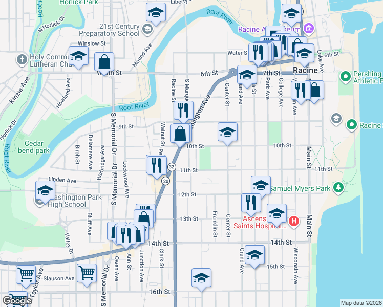 map of restaurants, bars, coffee shops, grocery stores, and more near 1001 10th Street in Racine