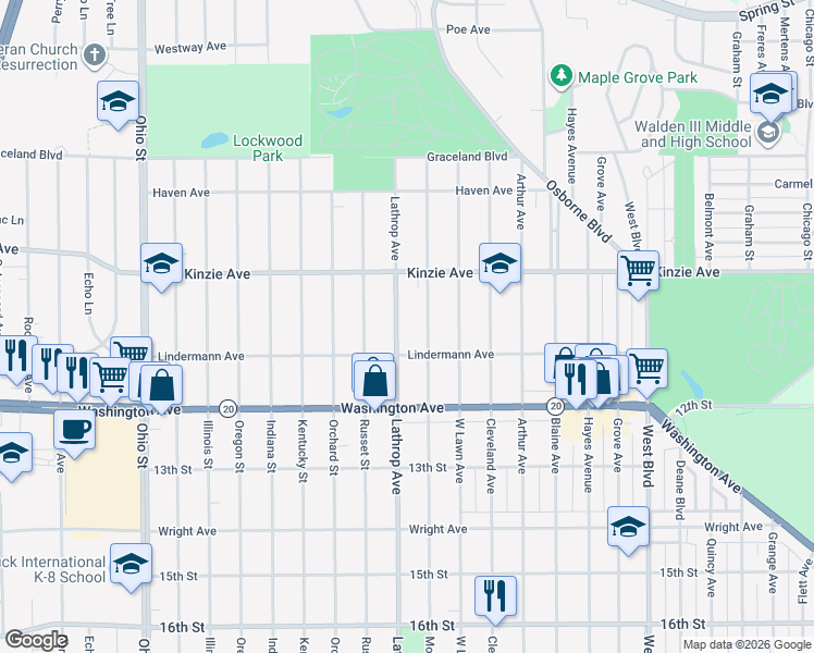 map of restaurants, bars, coffee shops, grocery stores, and more near 936 Monroe Avenue in Racine