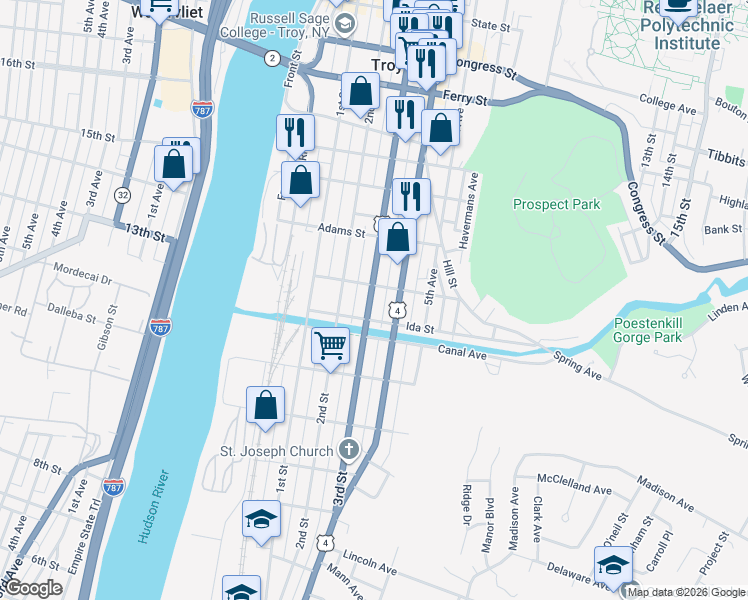 map of restaurants, bars, coffee shops, grocery stores, and more near in Troy