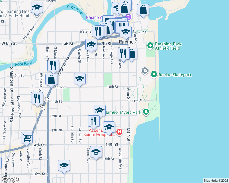 map of restaurants, bars, coffee shops, grocery stores, and more near 320 10th Street in Racine