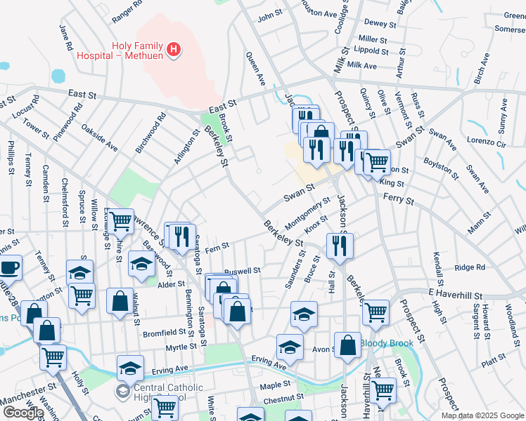 map of restaurants, bars, coffee shops, grocery stores, and more near 141 Berkeley Street in Lawrence