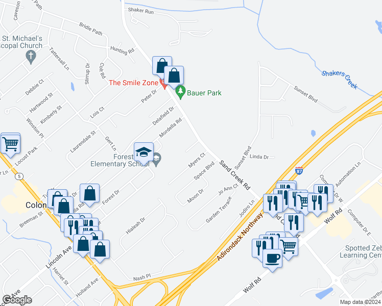 map of restaurants, bars, coffee shops, grocery stores, and more near 6 Terry Court in Colonie