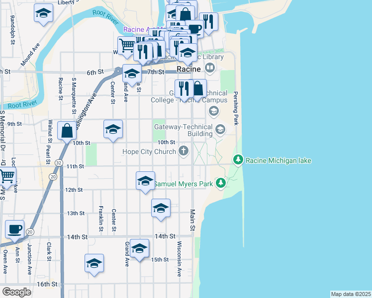 map of restaurants, bars, coffee shops, grocery stores, and more near 944 Main Street in Racine