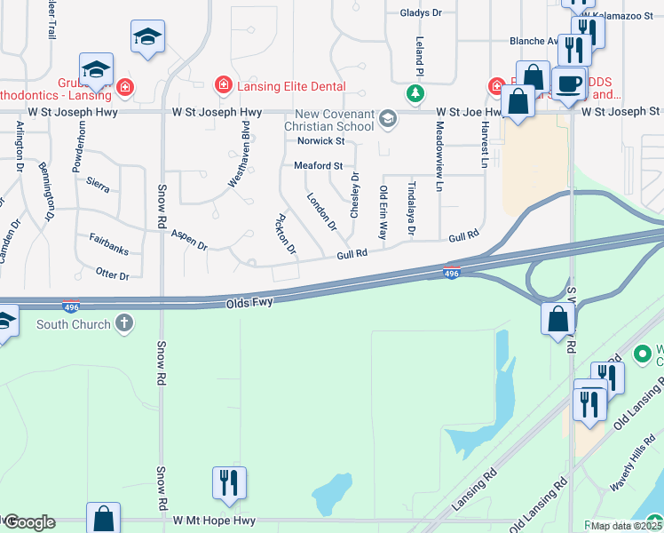 map of restaurants, bars, coffee shops, grocery stores, and more near 1053 Weston Street in Lansing