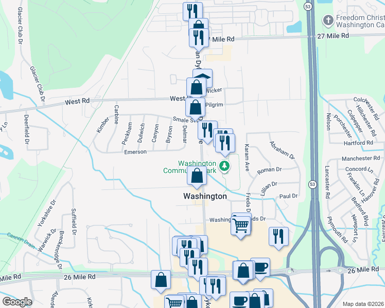 map of restaurants, bars, coffee shops, grocery stores, and more near 7680 Emerson in Washington