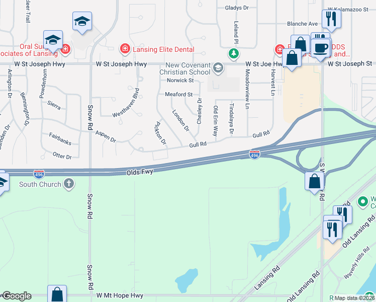 map of restaurants, bars, coffee shops, grocery stores, and more near 1053 Weston Street in Lansing