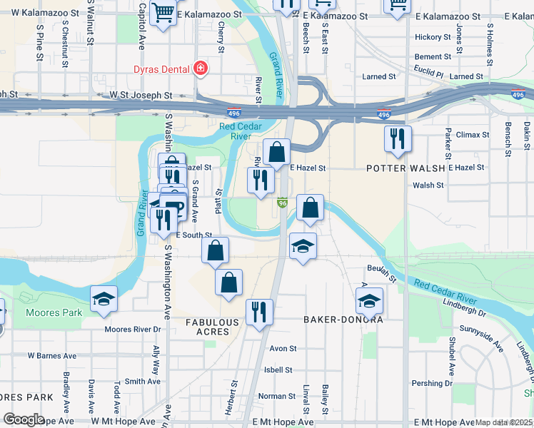 map of restaurants, bars, coffee shops, grocery stores, and more near 420 E Elm St in Lansing