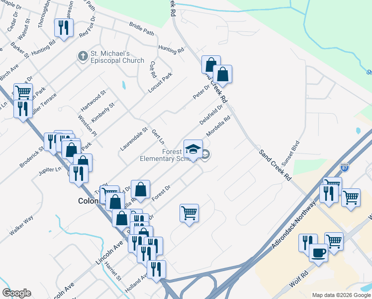 map of restaurants, bars, coffee shops, grocery stores, and more near 59 Delafield Drive in Colonie