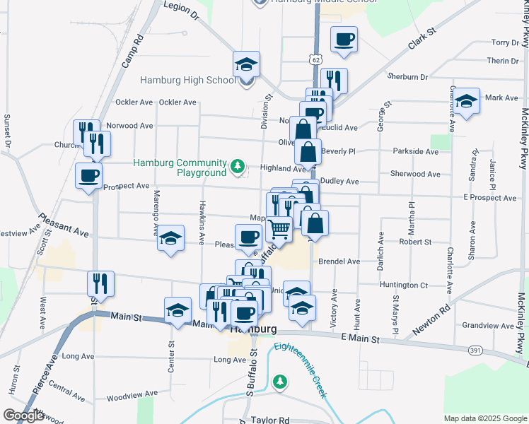 map of restaurants, bars, coffee shops, grocery stores, and more near 24 Division Street in Hamburg