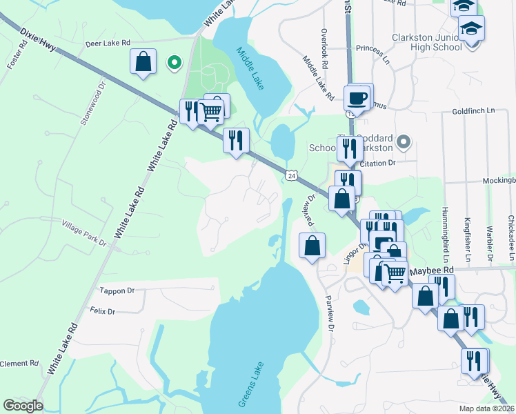 map of restaurants, bars, coffee shops, grocery stores, and more near 5739 Woodland View Court in Clarkston