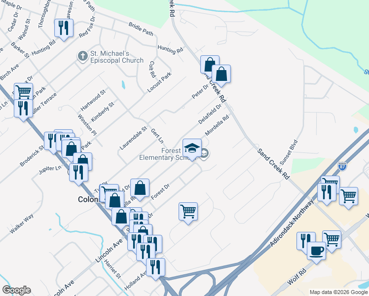 map of restaurants, bars, coffee shops, grocery stores, and more near 59 Delafield Drive in Colonie