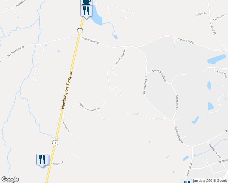 map of restaurants, bars, coffee shops, grocery stores, and more near Oak Ledge Circle in Rowley