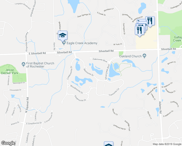 map of restaurants, bars, coffee shops, grocery stores, and more near 5155 Belmonte Drive in Rochester