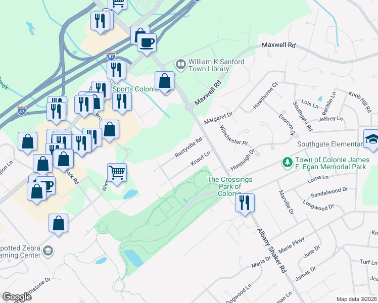 map of restaurants, bars, coffee shops, grocery stores, and more near 7 Rustyville Road in Albany