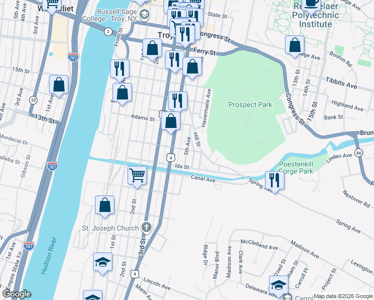 map of restaurants, bars, coffee shops, grocery stores, and more near in Troy