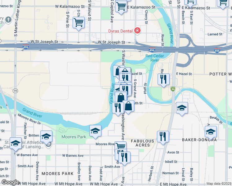 map of restaurants, bars, coffee shops, grocery stores, and more near 120 Gross Ct in Lansing