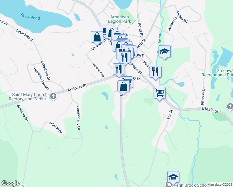 map of restaurants, bars, coffee shops, grocery stores, and more near 43 Central Street in Georgetown