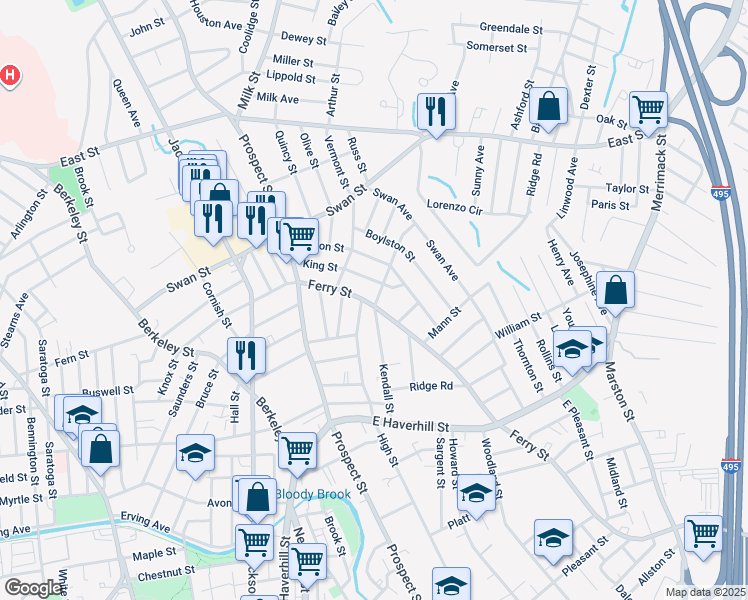 map of restaurants, bars, coffee shops, grocery stores, and more near 60 Kendall Street in Lawrence