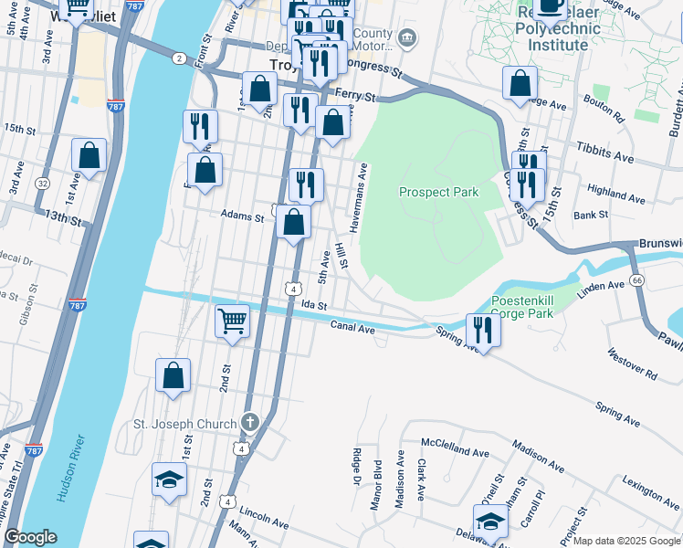 map of restaurants, bars, coffee shops, grocery stores, and more near 117 Hill Street in Troy
