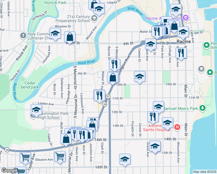 map of restaurants, bars, coffee shops, grocery stores, and more near 958 Washington Avenue in Racine