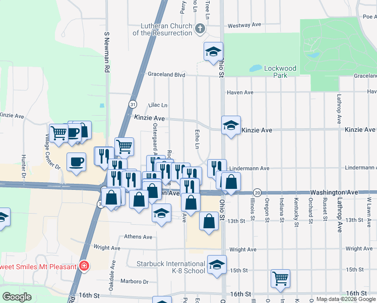 map of restaurants, bars, coffee shops, grocery stores, and more near 1000 Echo Lane in Racine