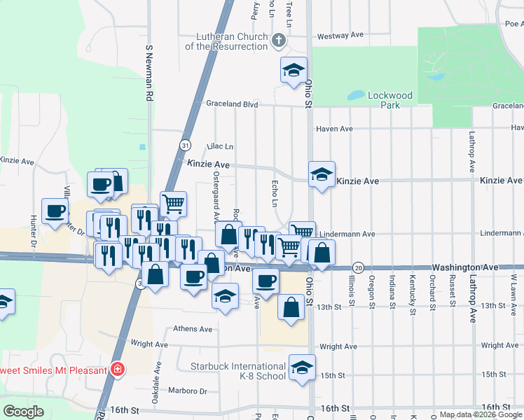 map of restaurants, bars, coffee shops, grocery stores, and more near 1000 Echo Lane in Racine