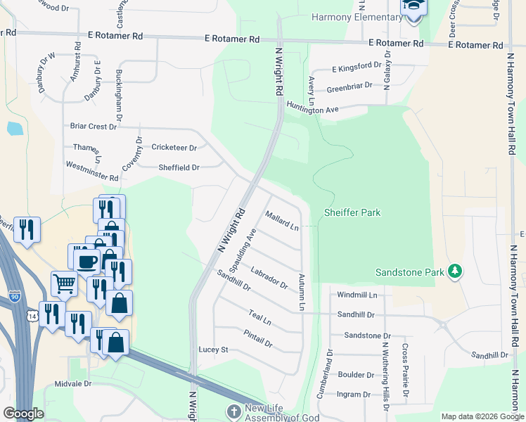 map of restaurants, bars, coffee shops, grocery stores, and more near 3099 Spaulding Avenue in Janesville