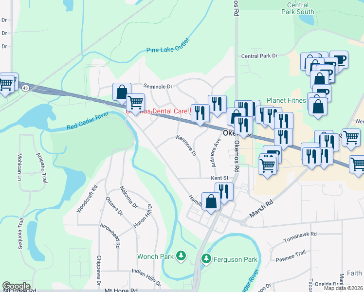 map of restaurants, bars, coffee shops, grocery stores, and more near 2264 Kenmore Drive in Meridian charter Township