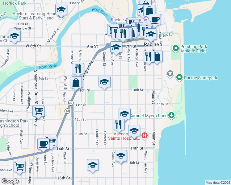 map of restaurants, bars, coffee shops, grocery stores, and more near 610 10th Street in Racine