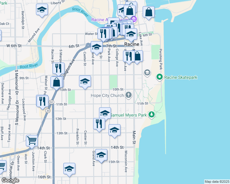 map of restaurants, bars, coffee shops, grocery stores, and more near 1004 College Avenue in Racine