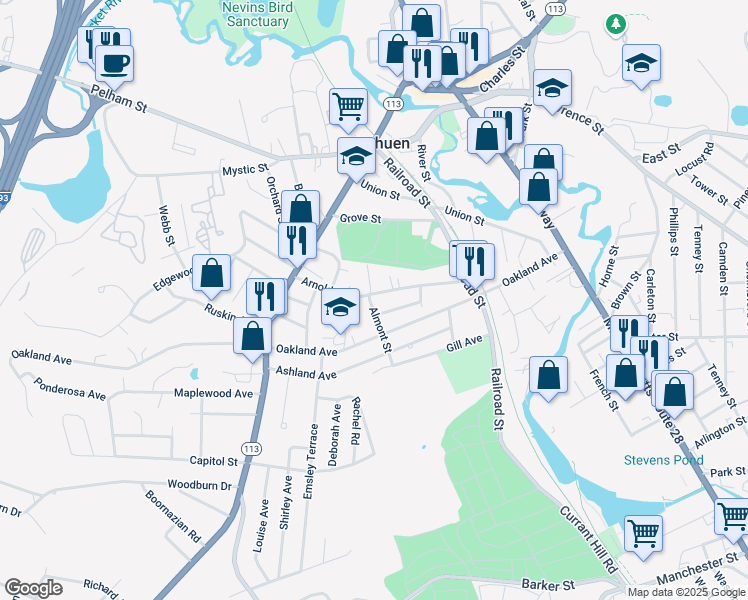 map of restaurants, bars, coffee shops, grocery stores, and more near 63 Arnold Street in Methuen