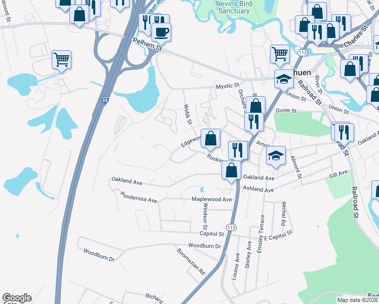 map of restaurants, bars, coffee shops, grocery stores, and more near 102 Edgewood Avenue in Methuen