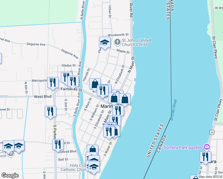 map of restaurants, bars, coffee shops, grocery stores, and more near 234 North William Street in Marine City