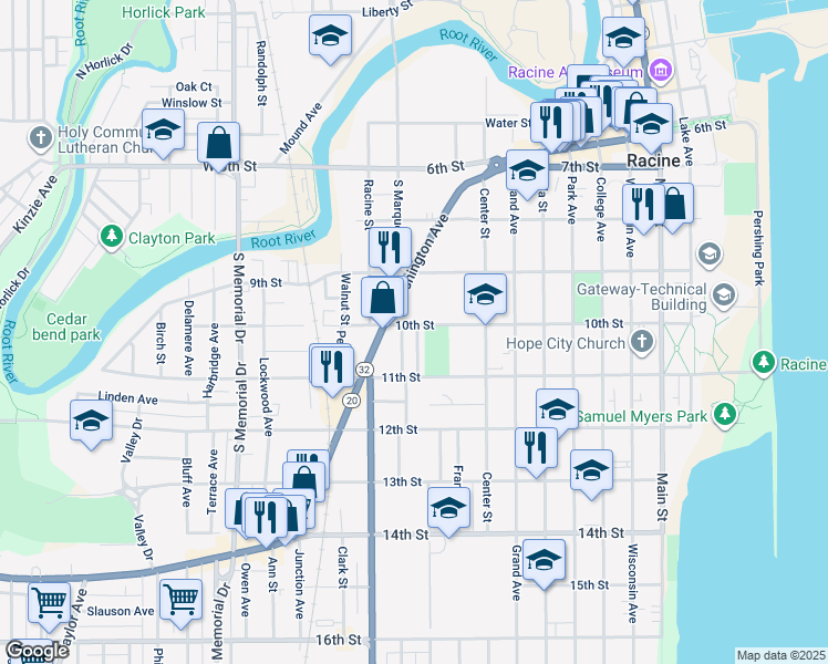 map of restaurants, bars, coffee shops, grocery stores, and more near 1001 10th Street in Racine
