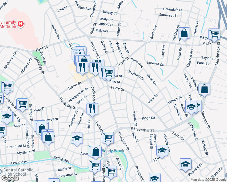 map of restaurants, bars, coffee shops, grocery stores, and more near 407 Prospect Street in Lawrence
