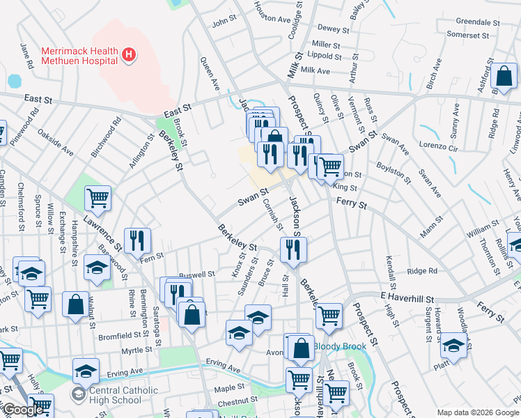 map of restaurants, bars, coffee shops, grocery stores, and more near 42 Cornish Street in Lawrence