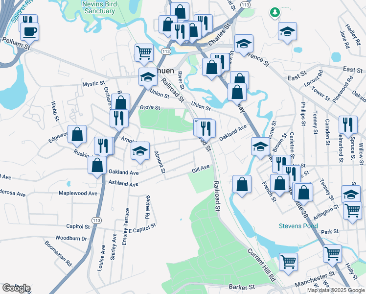 map of restaurants, bars, coffee shops, grocery stores, and more near 18 Arnold Street in Methuen