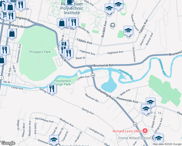 map of restaurants, bars, coffee shops, grocery stores, and more near in Troy