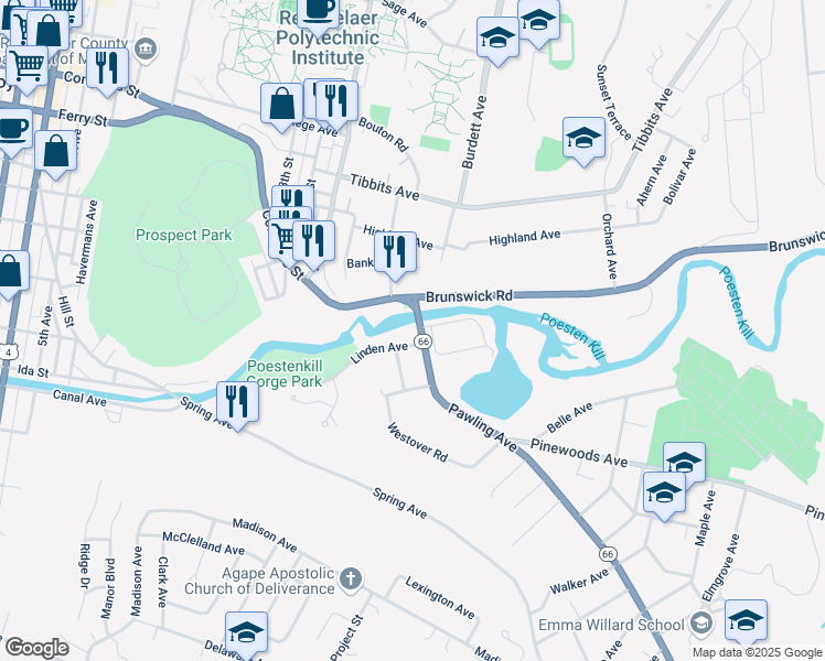 map of restaurants, bars, coffee shops, grocery stores, and more near in Troy