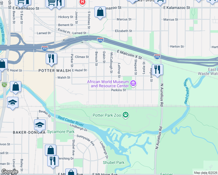 map of restaurants, bars, coffee shops, grocery stores, and more near 1141 McCullough Street in Lansing
