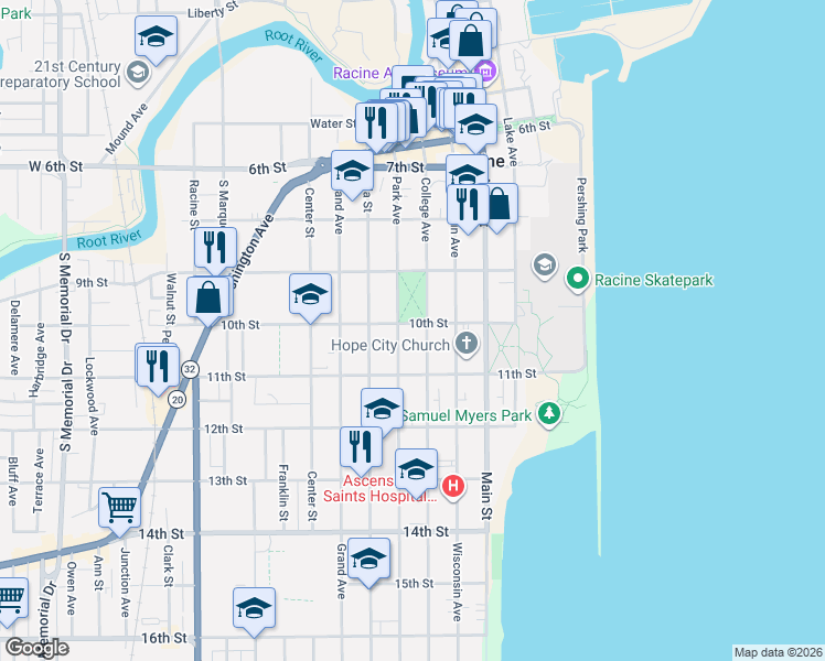 map of restaurants, bars, coffee shops, grocery stores, and more near 944 Park Avenue in Racine