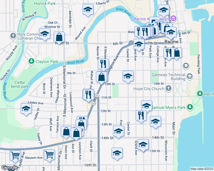 map of restaurants, bars, coffee shops, grocery stores, and more near 1001 10th Street in Racine