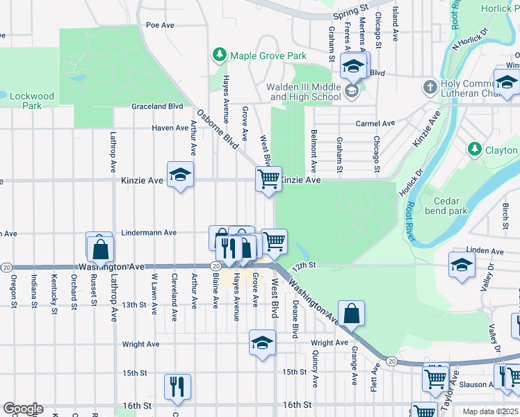 map of restaurants, bars, coffee shops, grocery stores, and more near 938 Grove Avenue in Racine