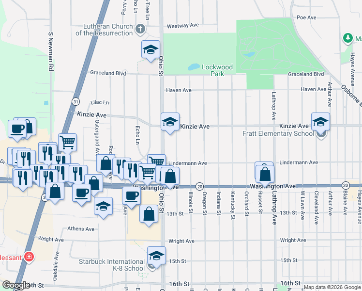 map of restaurants, bars, coffee shops, grocery stores, and more near 934 Illinois Street in Racine