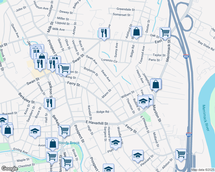 map of restaurants, bars, coffee shops, grocery stores, and more near 7 North Boylston Street in Lawrence