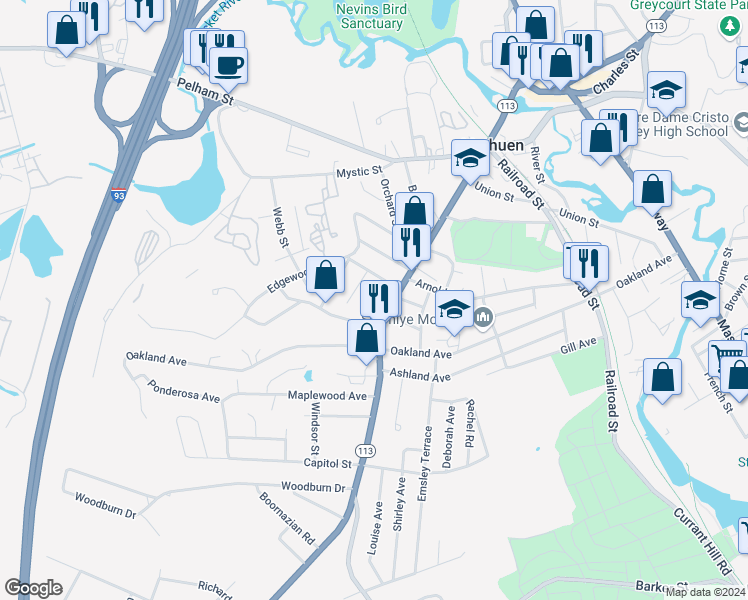 map of restaurants, bars, coffee shops, grocery stores, and more near 3 Field Avenue in Methuen